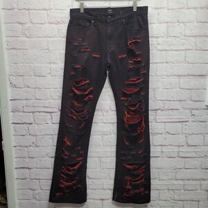Y2K Forever 21 Black Red Slim Flare Ripped Denim Jeans Men 31 Grunge Street Punk